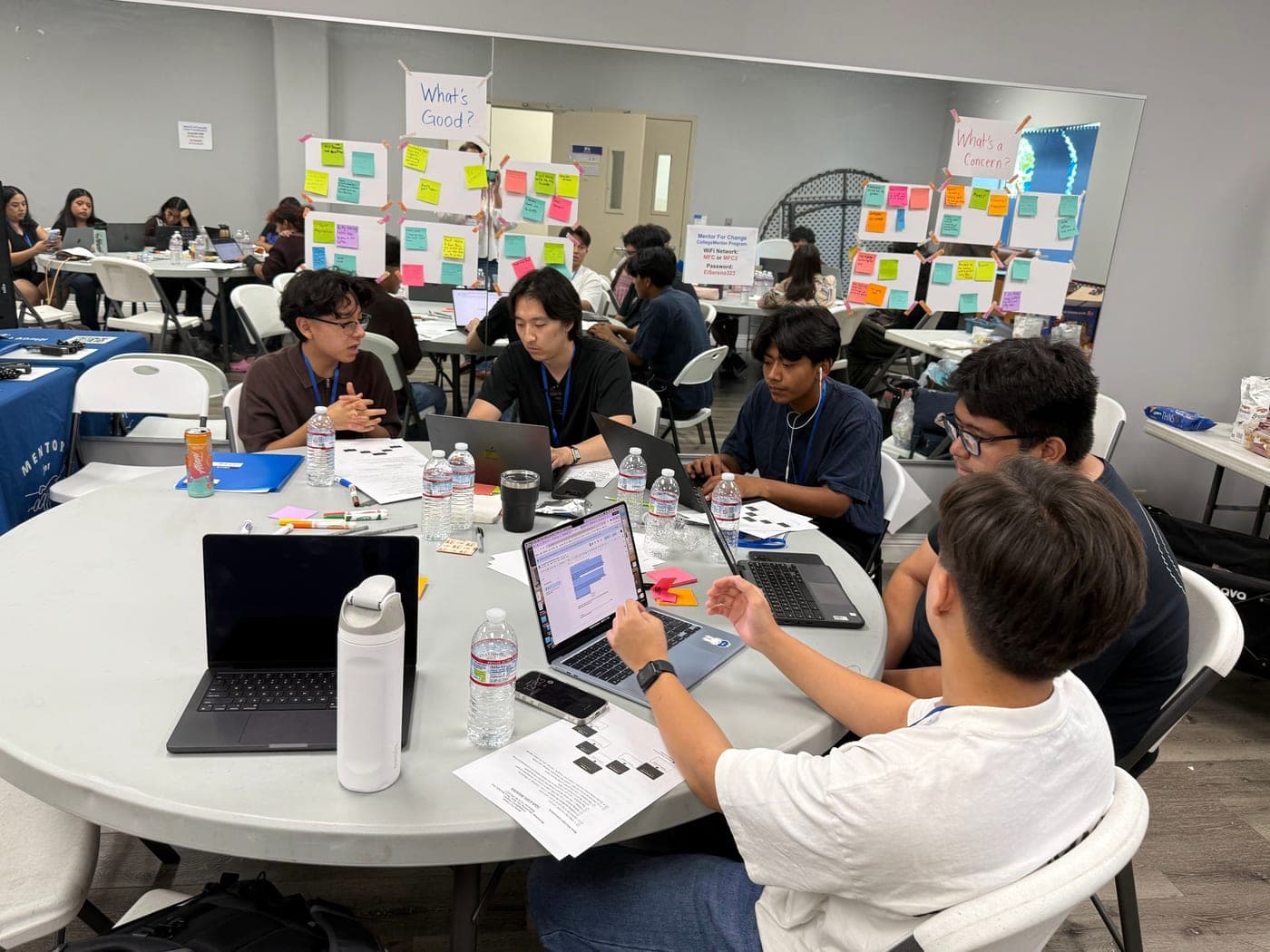 Students working together at laptops during an MFC workshop