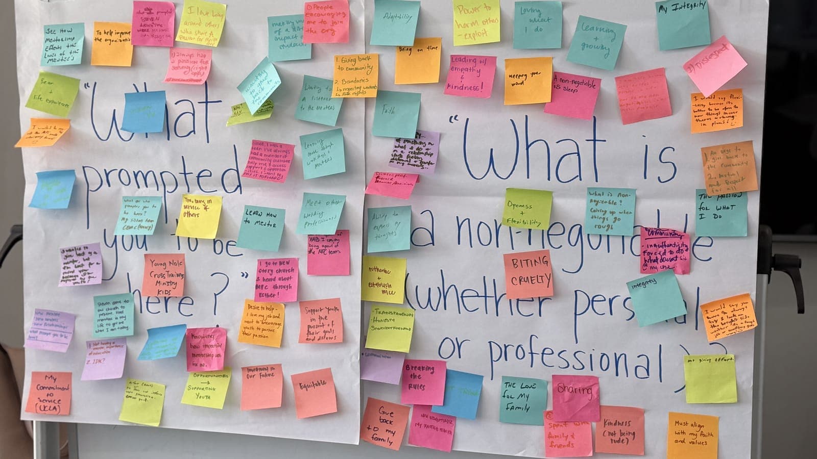 A wall of sticky notes from a personal development workshop